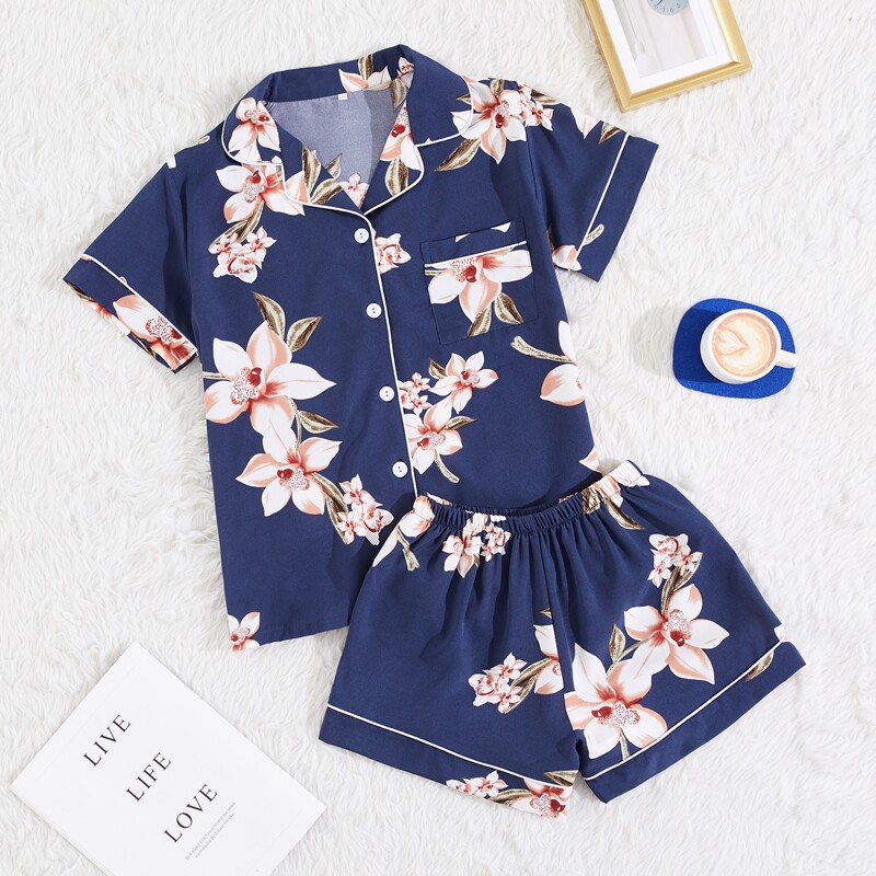 

Floral Print Contrast Binding Night Set, Navy blue