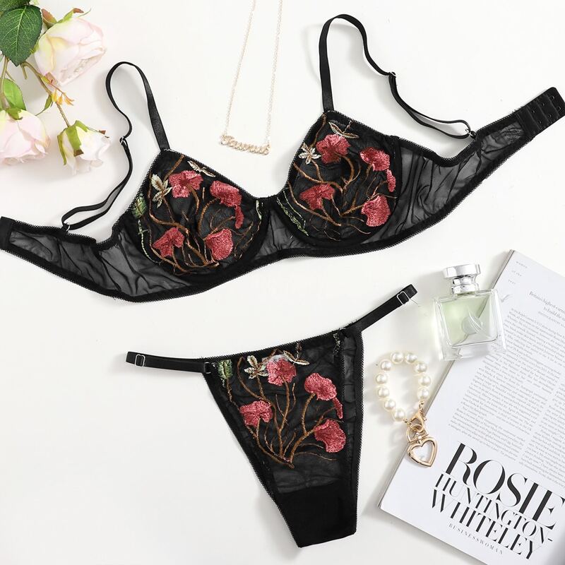 

Floral Embroidery Thong Lingerie Set, Black