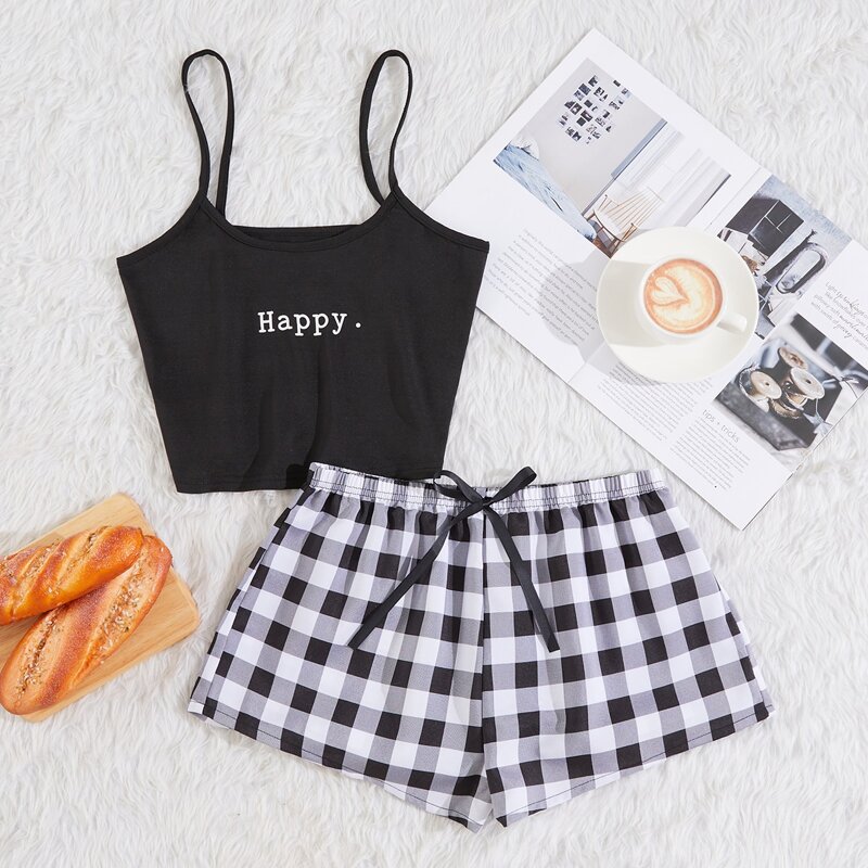 

Letter Graphic Cami Top & Buffalo Plaid Shorts PJ Set, Multicolor