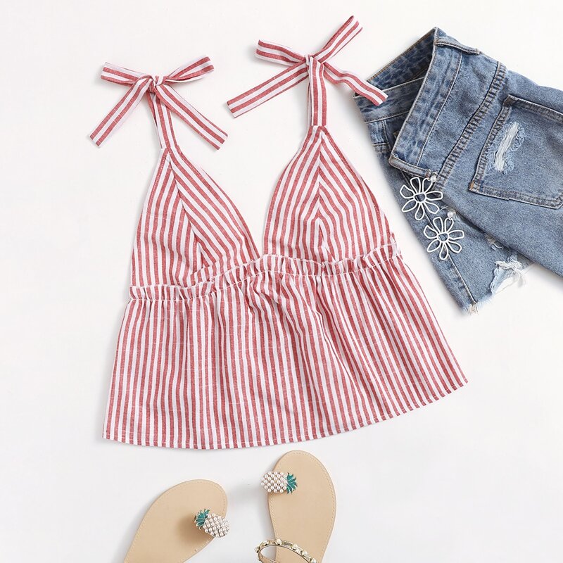 

Knot Shoulder Striped Cami Top, Red and white