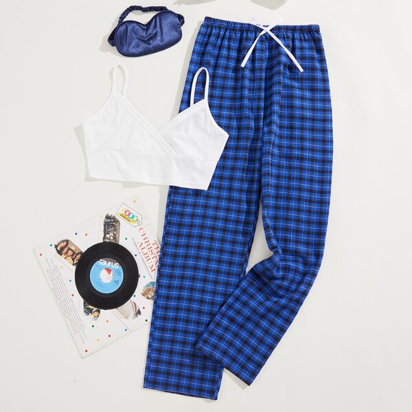 

Crop Cami Top & Plaid Pants PJ Set, Blue and white