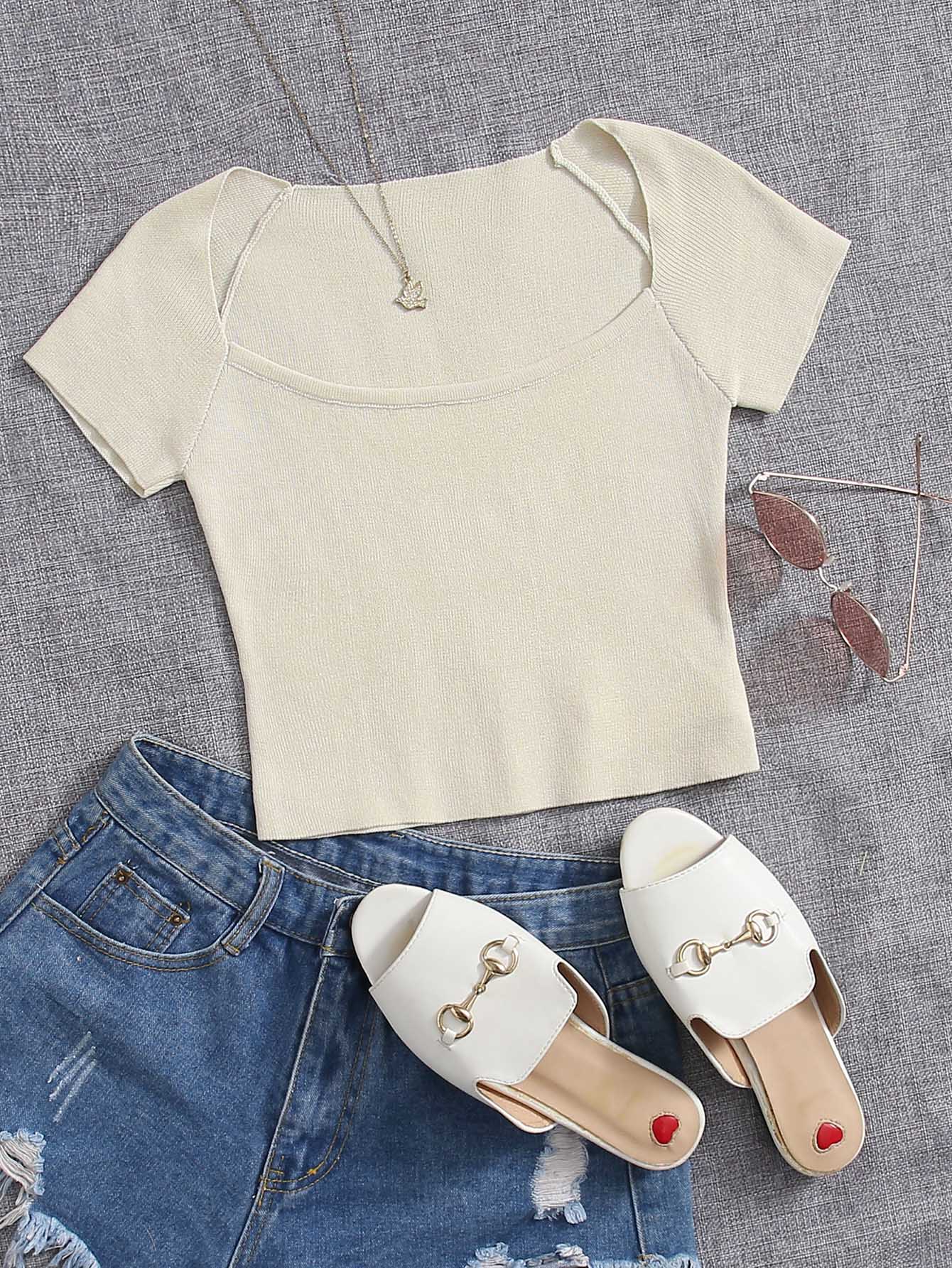 SHEIN Essnce Knit ngọn màu trơn Giải trí - Màu be - Xem 1