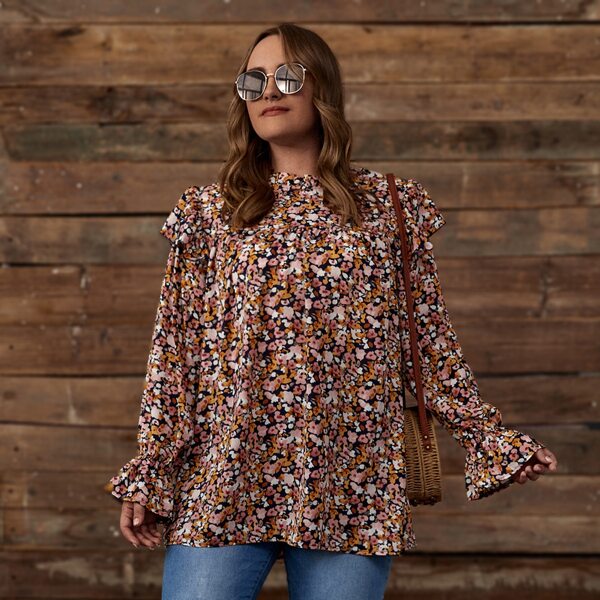 

Plus Ditsy Floral Ruffle Neck Blouse, Multicolor