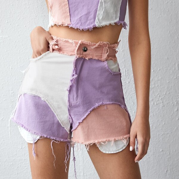 

Zipper Fly Raw Edge Patchwork Colorblock Shorts, Multicolor