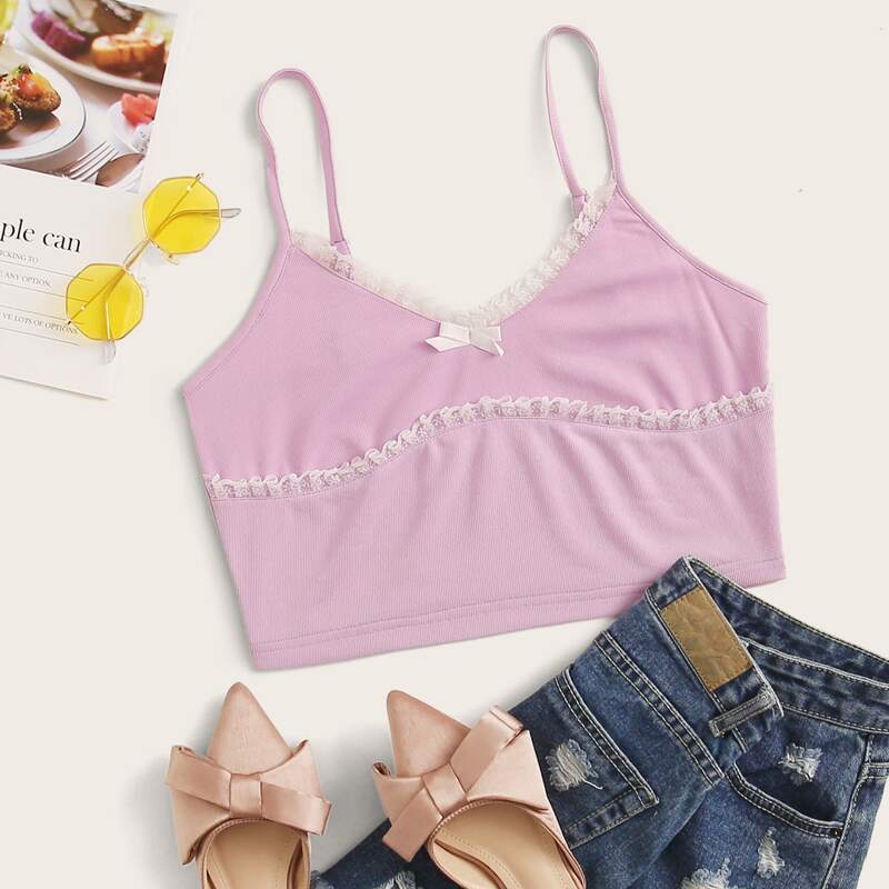 

Contrast Lace Bow Crop Tee, Pink