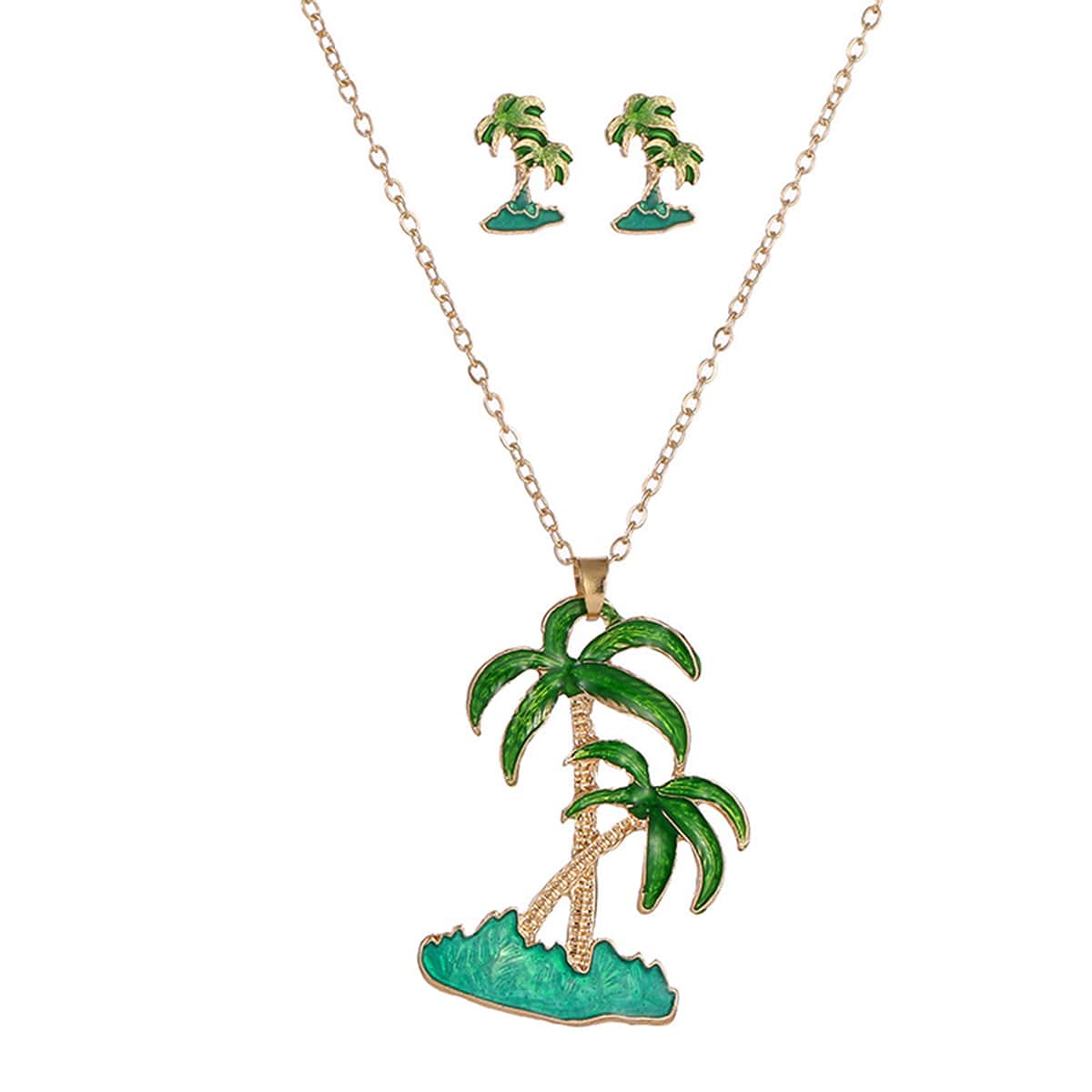 

1pc Coconut Tree Pendant Necklace & 1pair Stud Earrings, Green