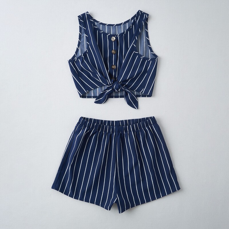 

Striped Button Front Knot Tank Top & Shorts, Navy blue
