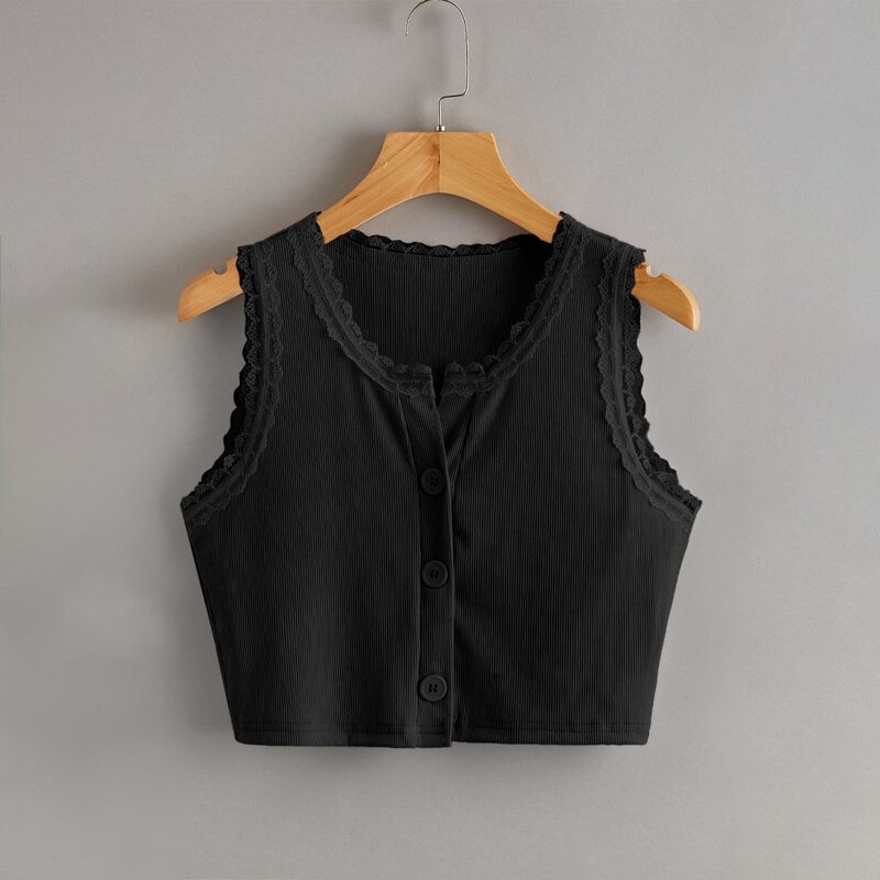 

Contrast Lace Button Front Tank Top, Black