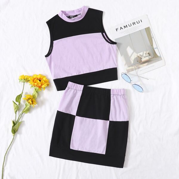 

Colorblock Mock Neck Crop Tank Top With Skirt, Multicolor