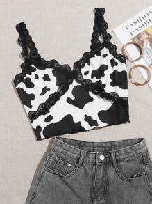 SHEIN Lace Trim Cow Print Cami Top - Black and White - View 1