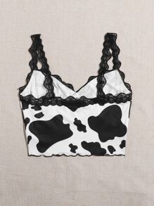 SHEIN Lace Trim Cow Print Cami Top - Black and White - View 2