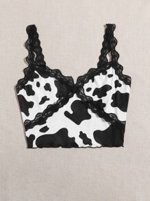 SHEIN Lace Trim Cow Print Cami Top - Black and White - View 3