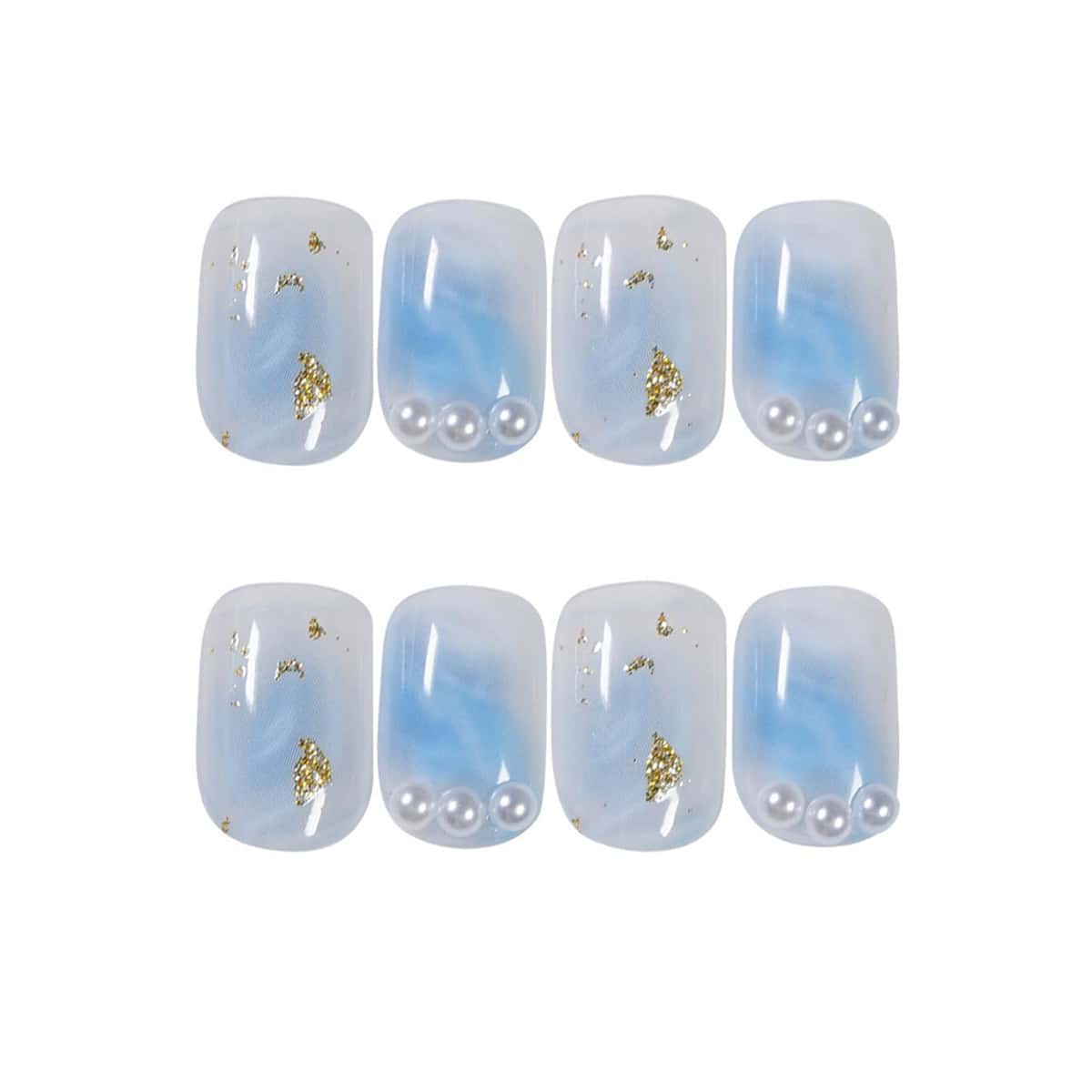 

24pcs Glitter Faux Pearl Decor Fake Nail, Blue