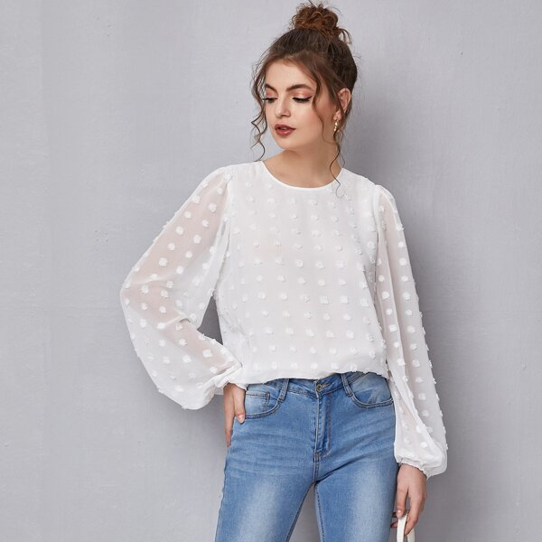 

Swiss Dot Lantern Sleeve Top, White