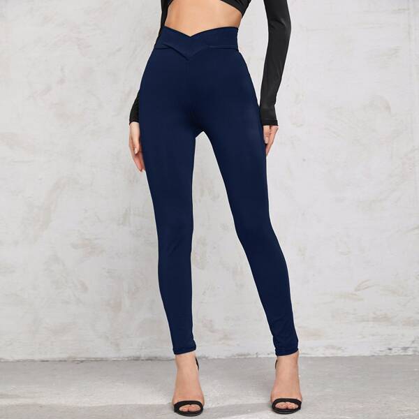 

High Waist Solid Leggings, Navy blue