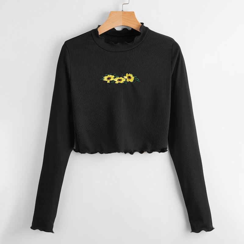 

Sunflower Embroidery Lettuce Edge Tee, Black