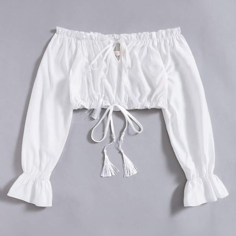 

Off Shoulder Frill Trim Crop Top, White