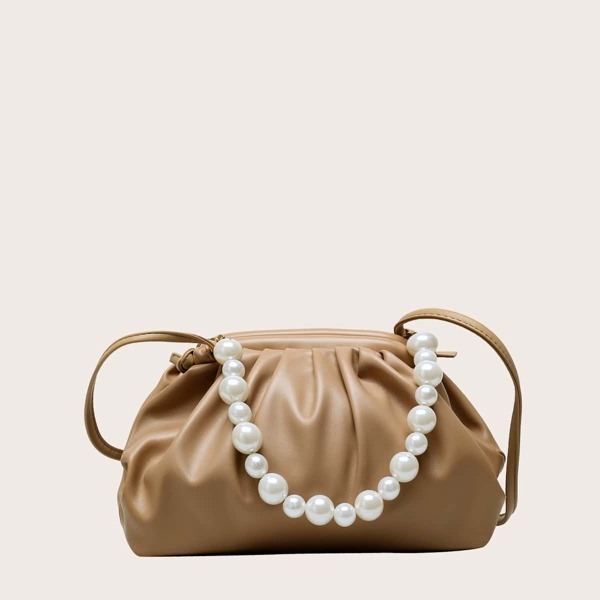 

Faux Pearl Decor Ruched Bag, Khaki