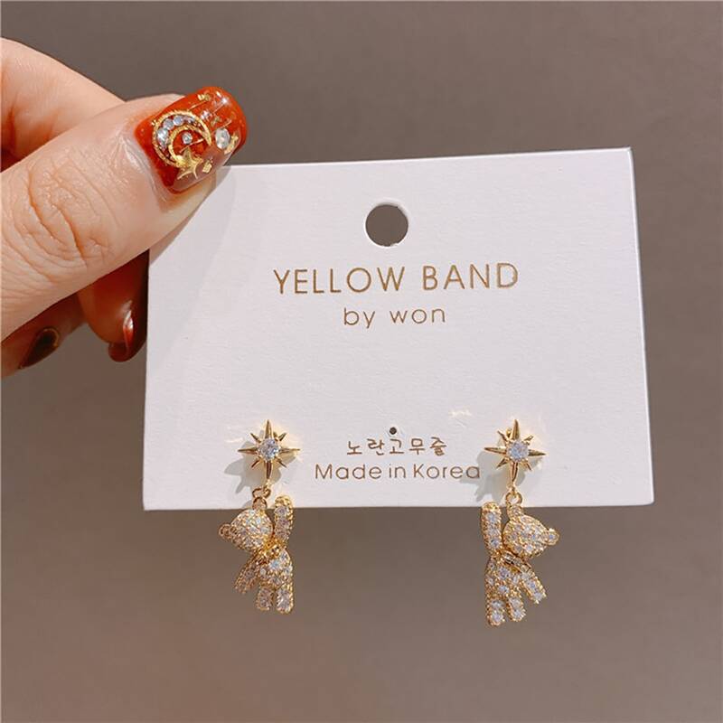 

Rhinestone Bear Drop Earrings, Gold