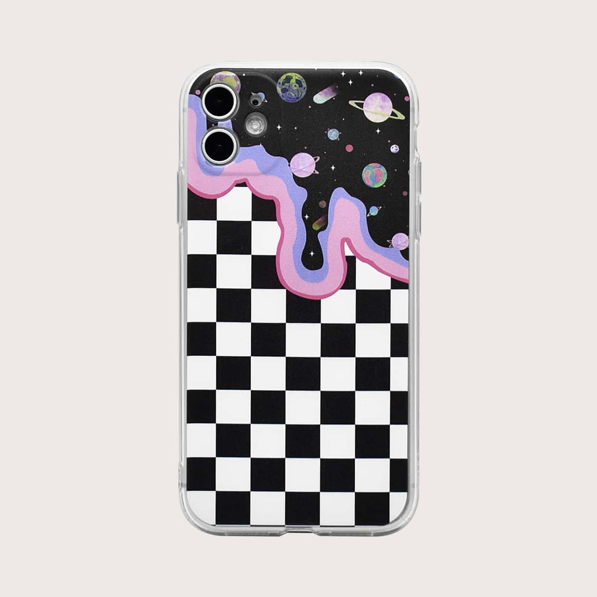 

Checkered & Planet Print iPhone Case, Black and white