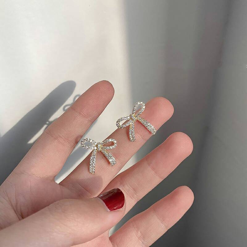 

Rhinestone Bow Stud Earrings, Gold