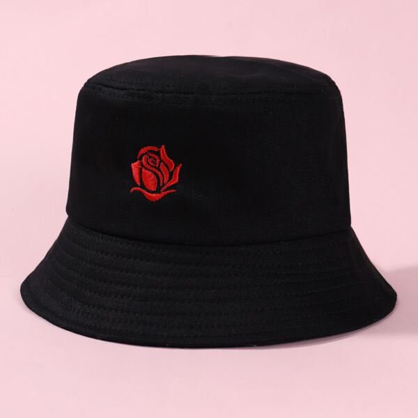 

Toddler Kids Flower Embroidery Bucket Hat, Black