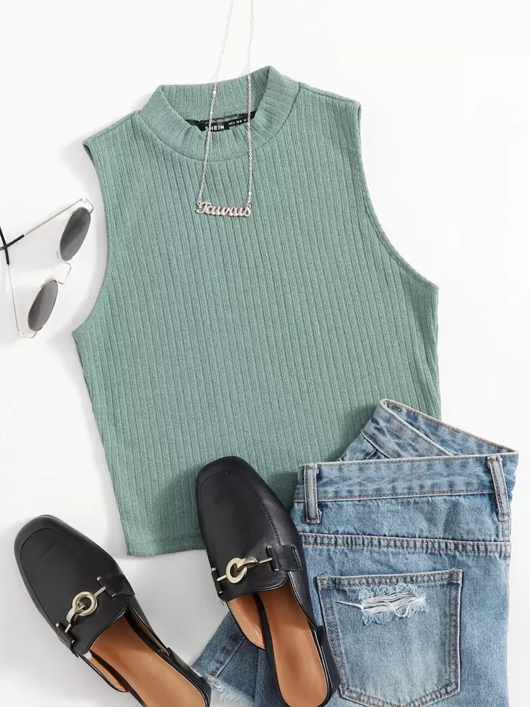 Muchica Solid Crop Rib-knit Tank Top - Mint Green - View 1