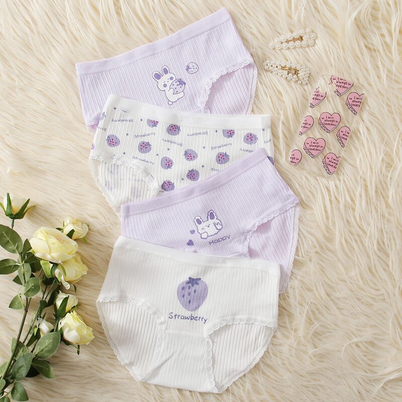 

4pack Cartoon Strawberry Print Panty Set, Multicolor