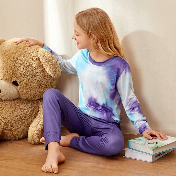 

Girls Tie Dye Print Tee And Solid Pants PJ Set, Multicolor