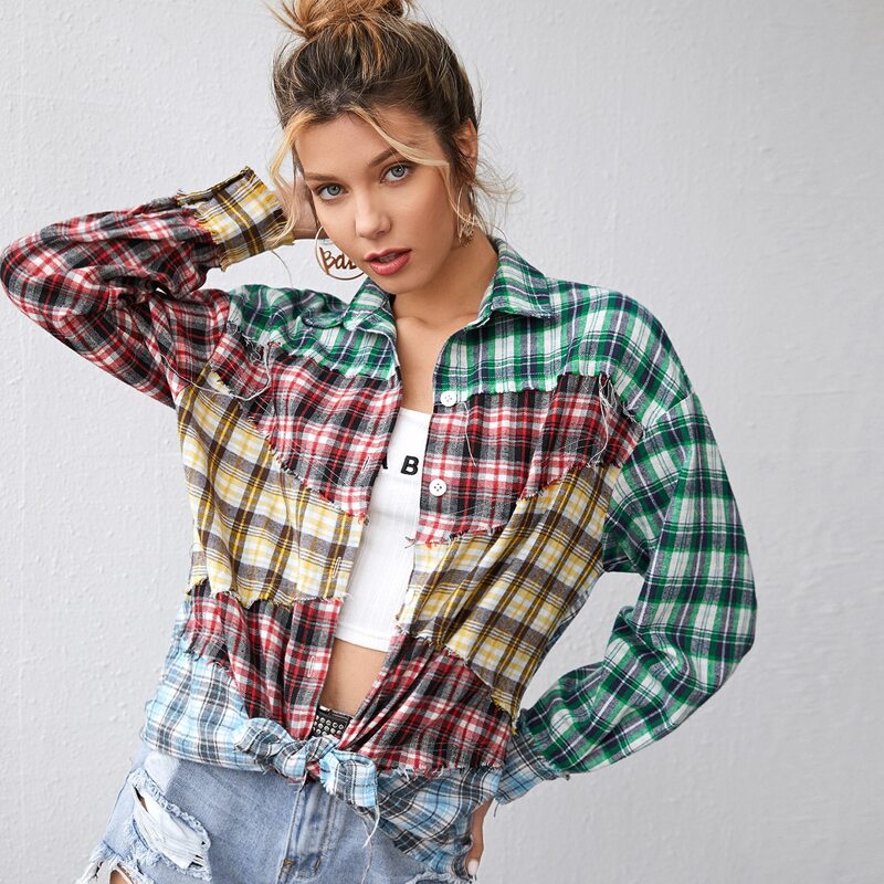 

Collared Raw Trim Colorblock Tartan Blouse, Multicolor