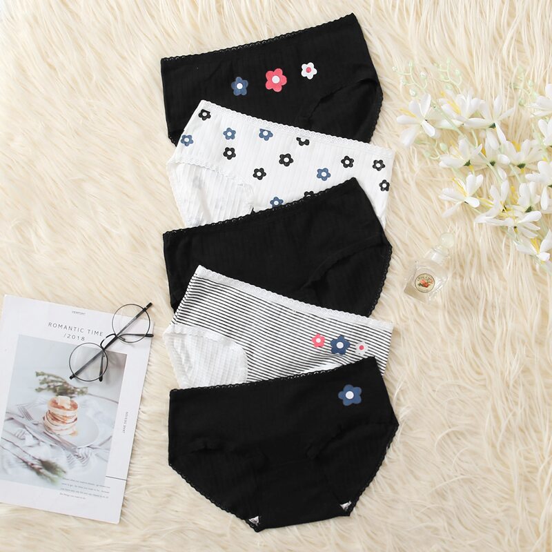 

5pack Floral & Stripe Print Panty Set, Black and white