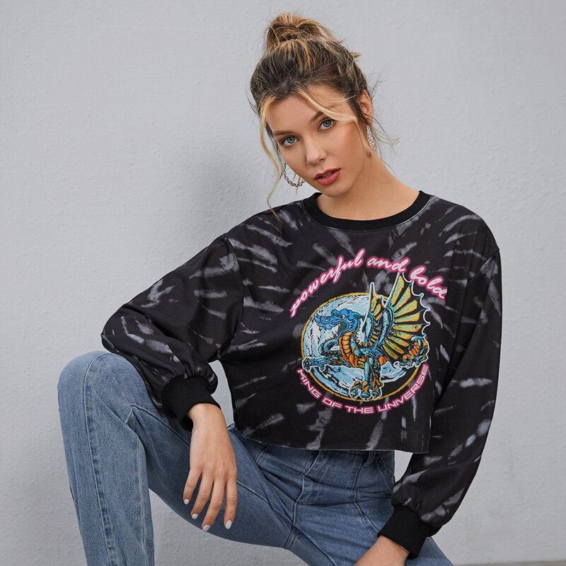

Letter and Cartoon Graphic Tie Dye Pullover, Black