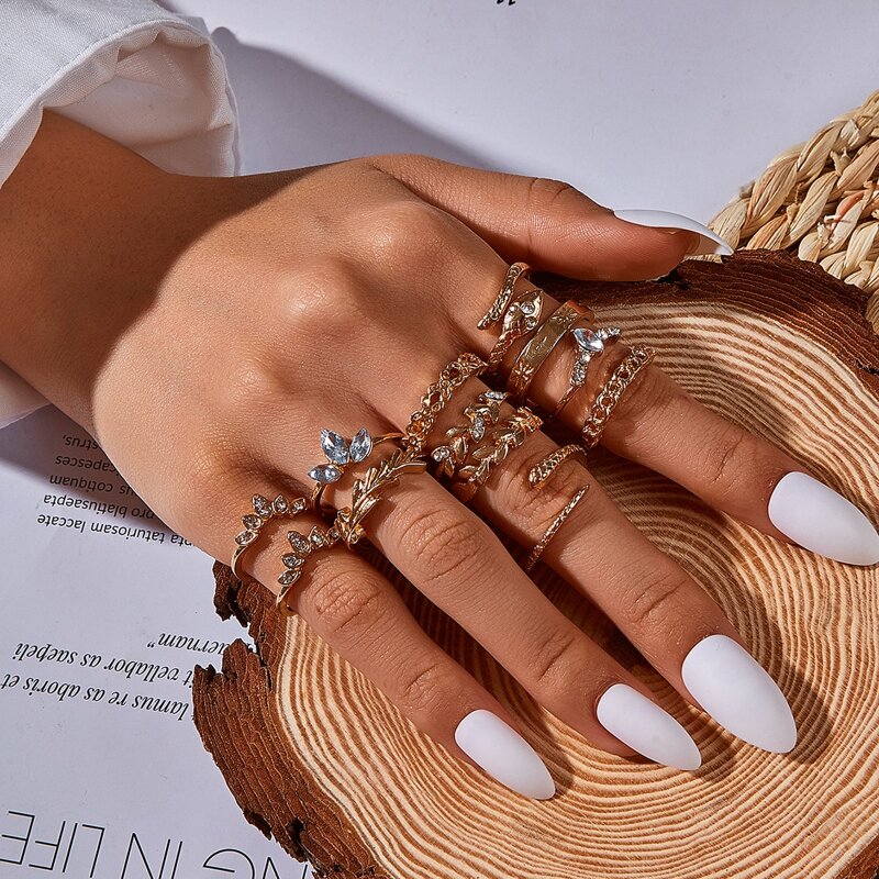 

12pcs Rhinestone Leaf Decor Ring, Gold