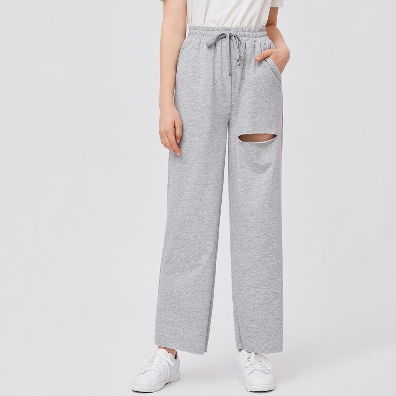 

Tie Front Ripped Straight Leg Pants, Light grey