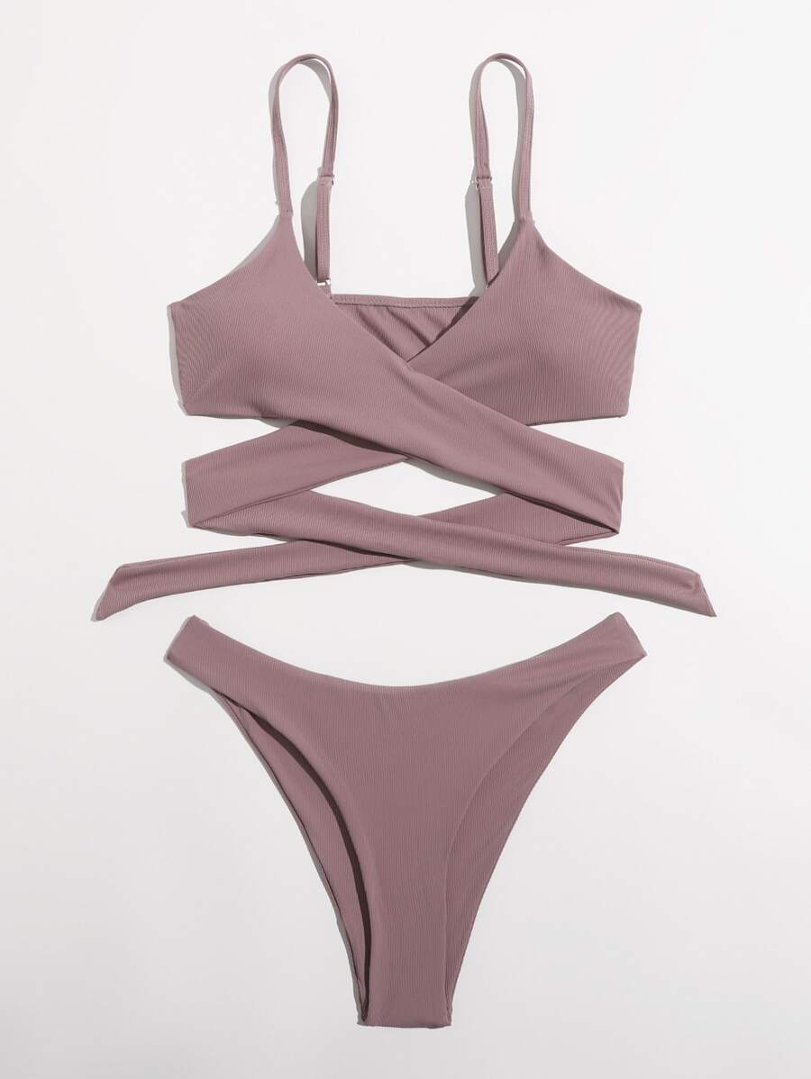 Rib Cross Wrap Bikini Set For Summer Beach Vacation - Dusty Pink - View 1