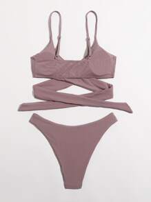 Rib Cross Wrap Bikini Set For Summer Beach Vacation - Dusty Pink - View 2