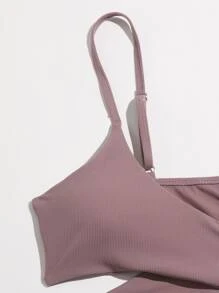 Rib Cross Wrap Bikini Set For Summer Beach Vacation - Dusty Pink - View 3