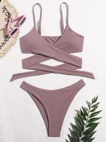 Rib Cross Wrap Bikini Set For Summer Beach Vacation - Dusty Pink - View 5