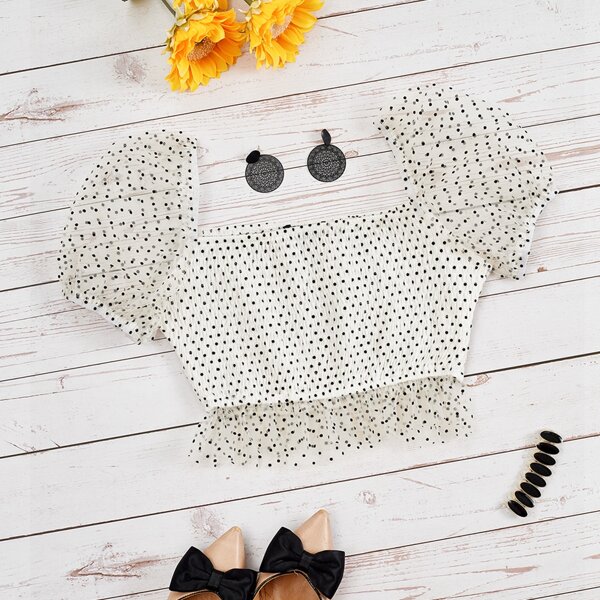 

Polka Dot Mesh Shirred Peplum Top, White