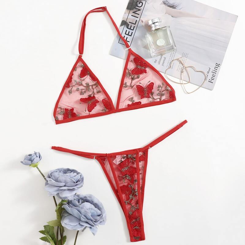 

Butterfly Embroidery Thong Lingerie Set, Red