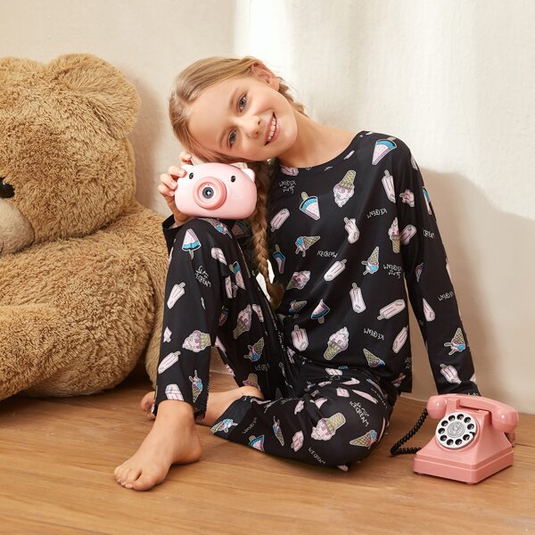 

Girls Ice-cream And Letter Graphic PJ Set, Black