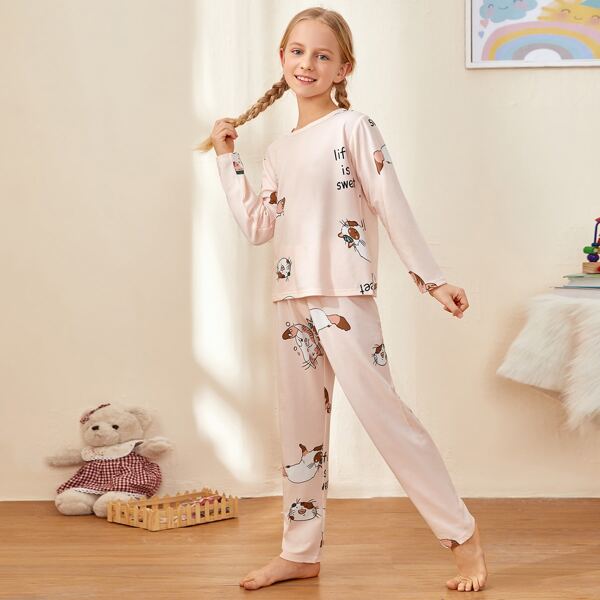 

Girls Cartoon Cat Print PJ Set, Baby pink