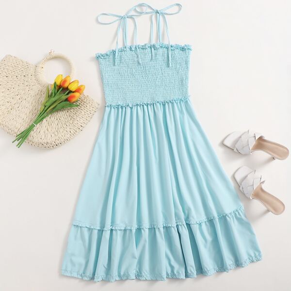 

Plus Knot Straps Shirred Bodice Dress, Mint blue