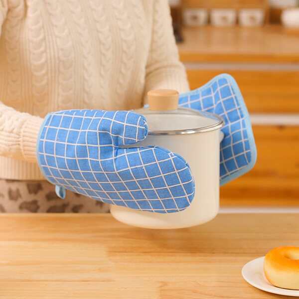 

1pc Plaid Oven Glove & 1pc Heat Resistant Pad, Blue