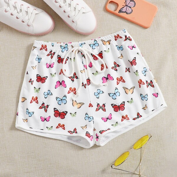 

Contrast Binding Butterfly Print Track Shorts, Multicolor