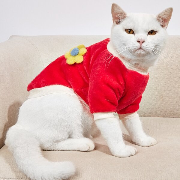 

Flower Decor Plush Pet Sweatshirt, Red