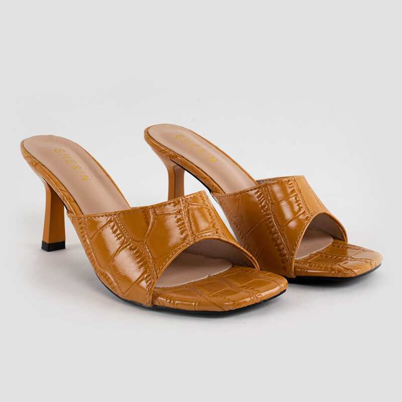 

Textured Open Toe Mid Heeled Mules, Orange