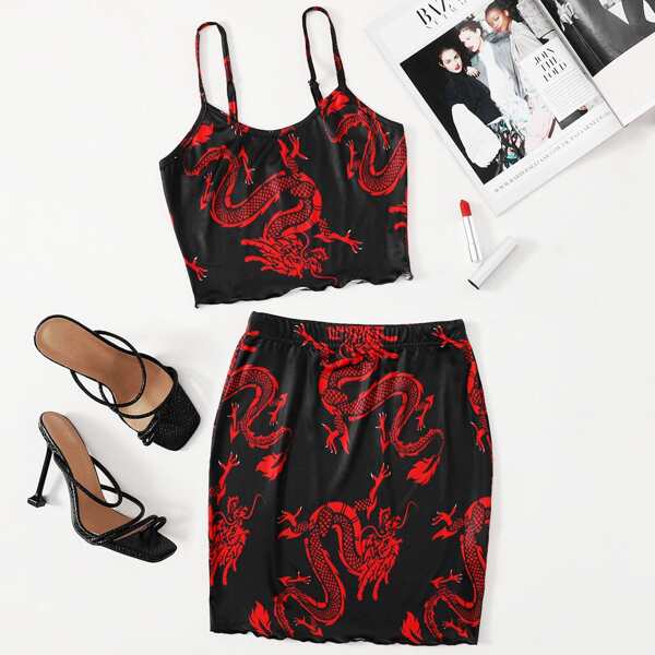 

Chinese Dragon Print Crop Cami Top With Skirt, Multicolor
