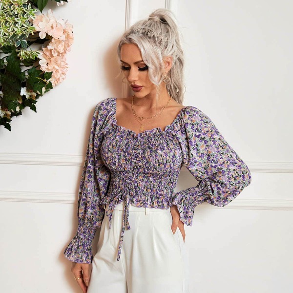 

Ditsy Floral Drawstring Front Shirred Blouse, Multicolor