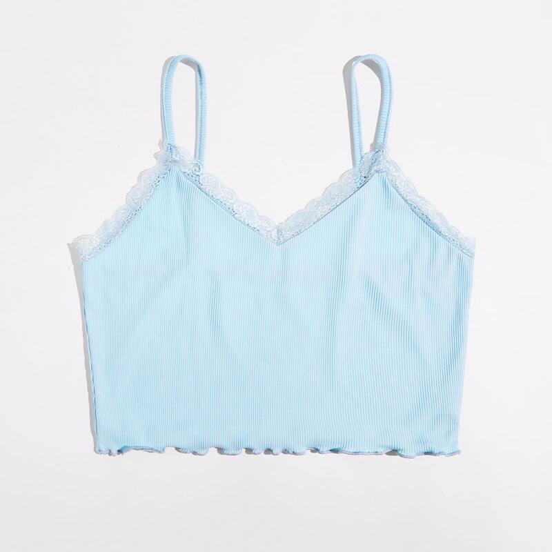 

Contrast Lace Lettuce Trim Crop Cami, Baby blue